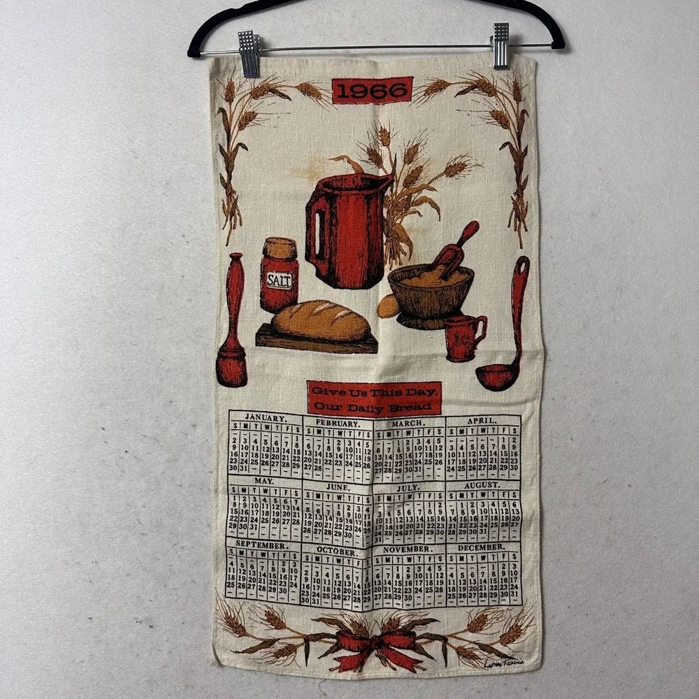 Vintage 1966 Linen Calendar Tea Towel Lutice Travis Give Us This Day Our Bread